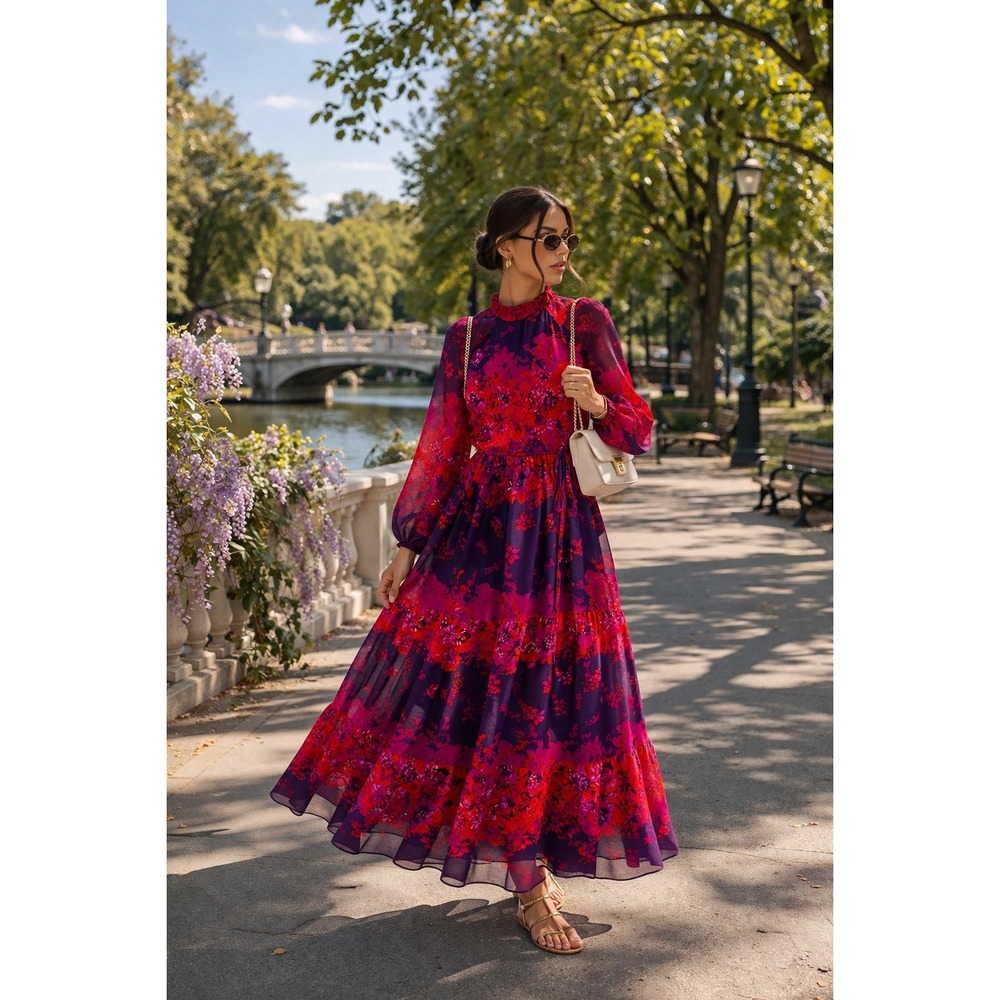 Melonie T Floral‎ Boho Maxi Dress Long Sleeve Purple Red Tiered Midi Maxi 16